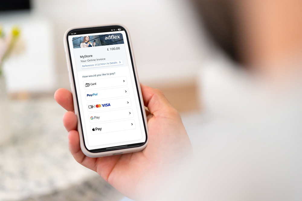 Hand holding phone with payment interface